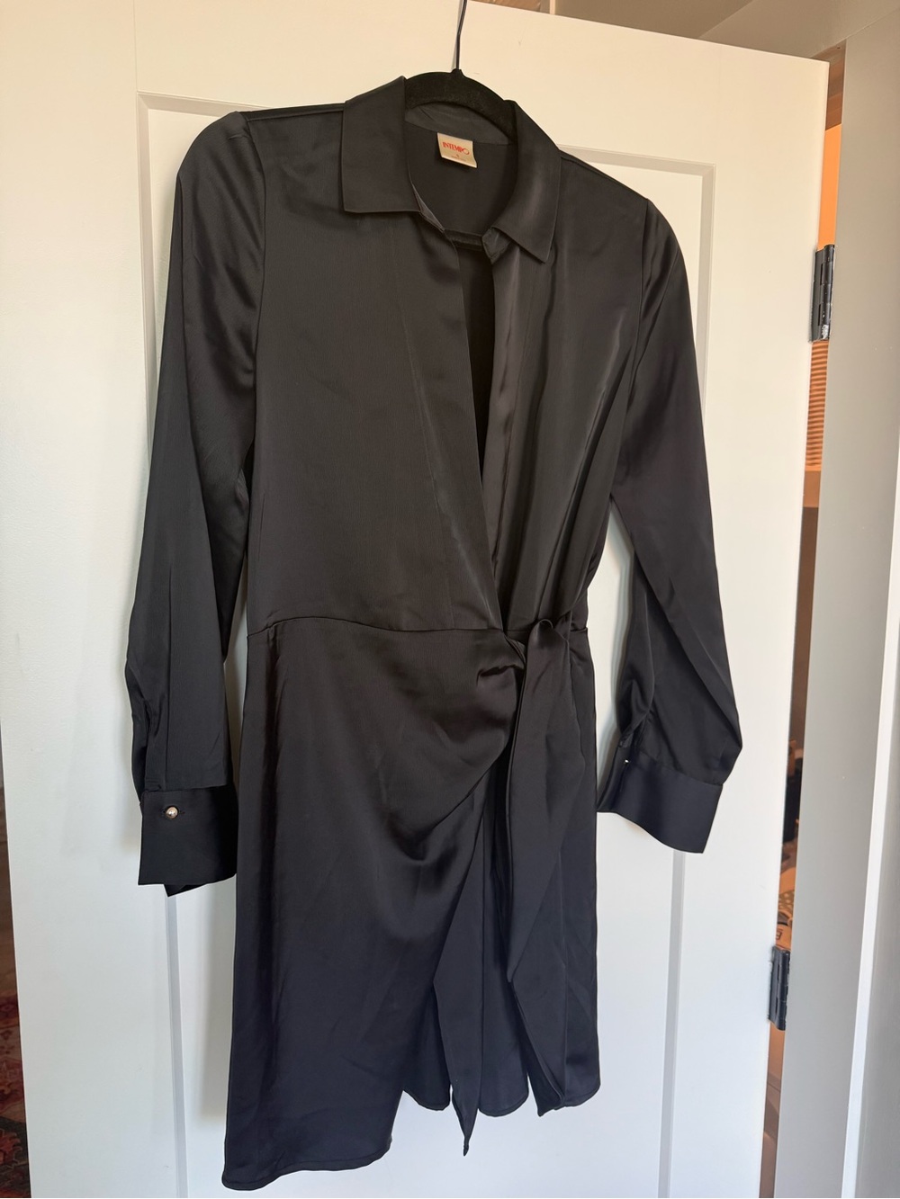 Black Long-Sleeve Wrap Shirt Dress with Tie Waist